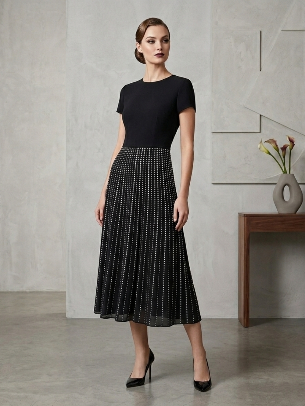 St John Couture Black Evening Dress With Rhinestone & Crystal Embellished